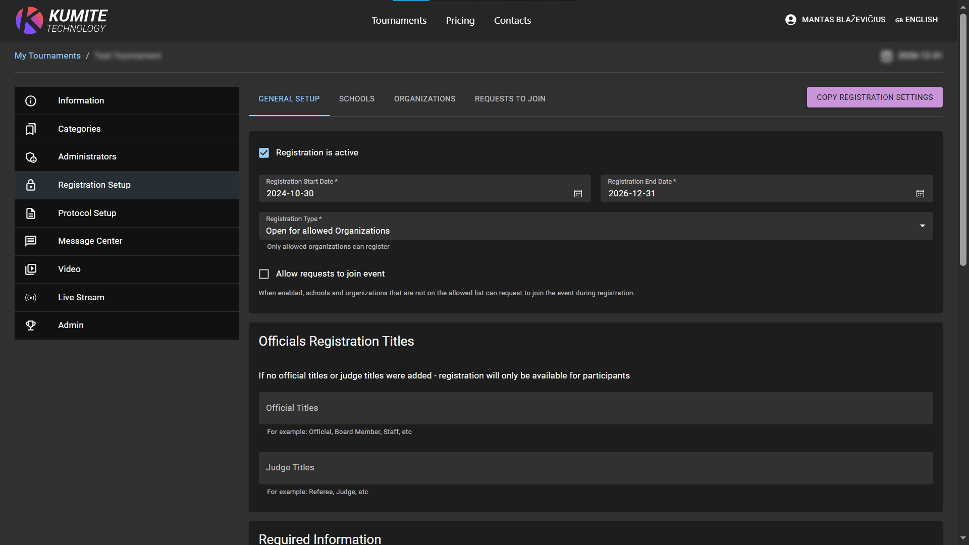 Registration Setup Form