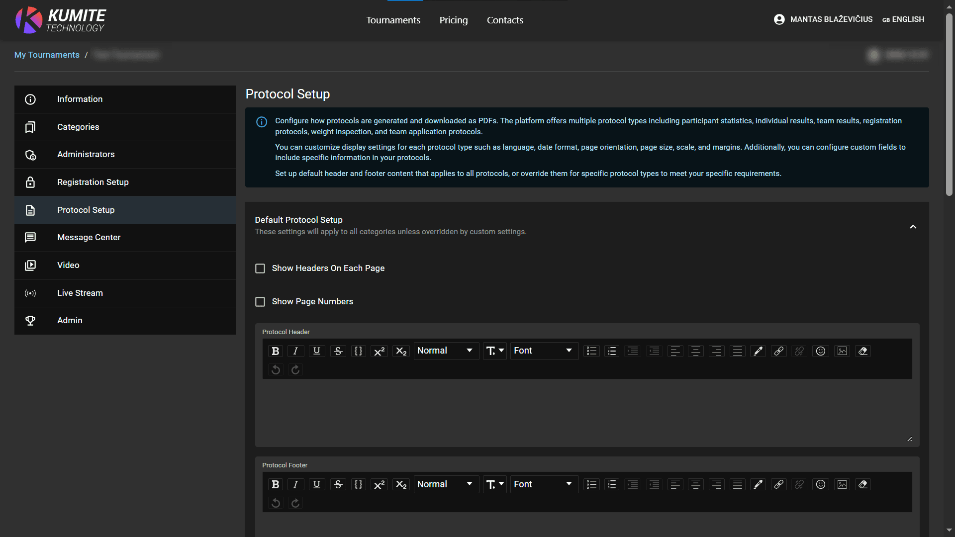 Protocol Setup Page